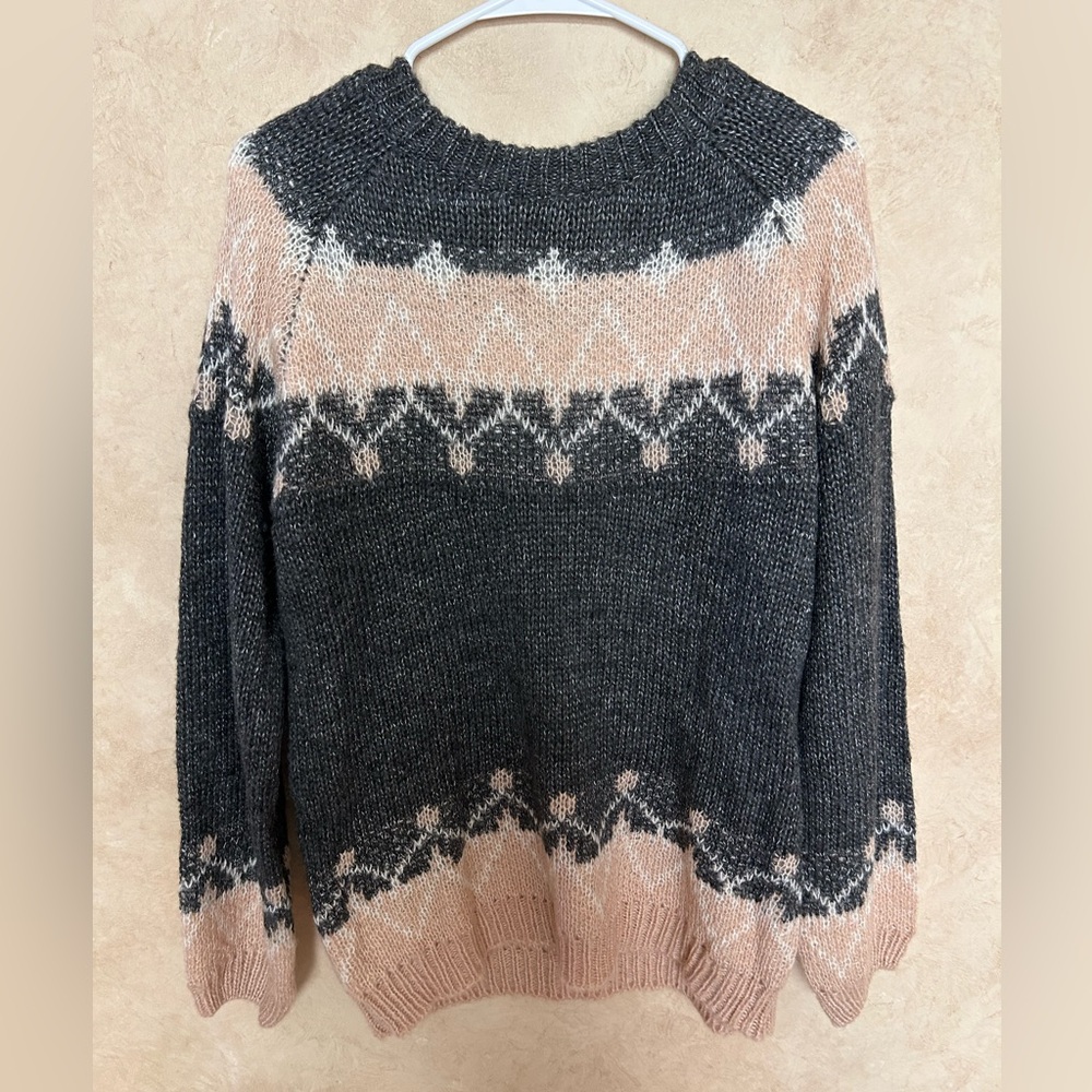 Women's vintage soft mohair Nordic fair isle Sweater - gray and tan size large